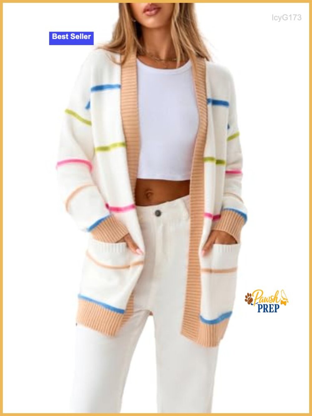 Open Front Striped Knit Cardigan - Long Sleeve Lightweight Women's Sweater with